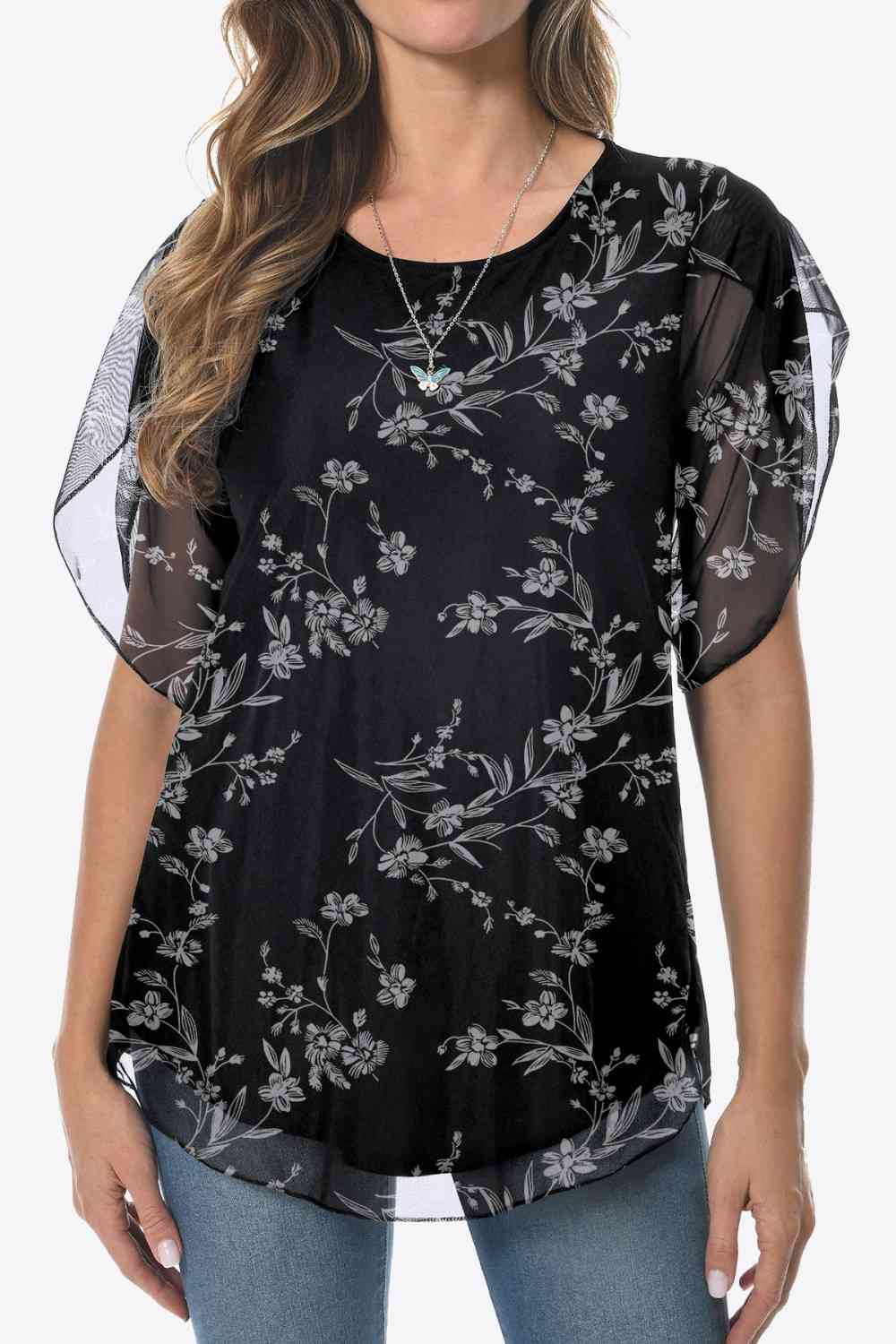 Blusa estampada con cuello redondo y dobladillo redondeado