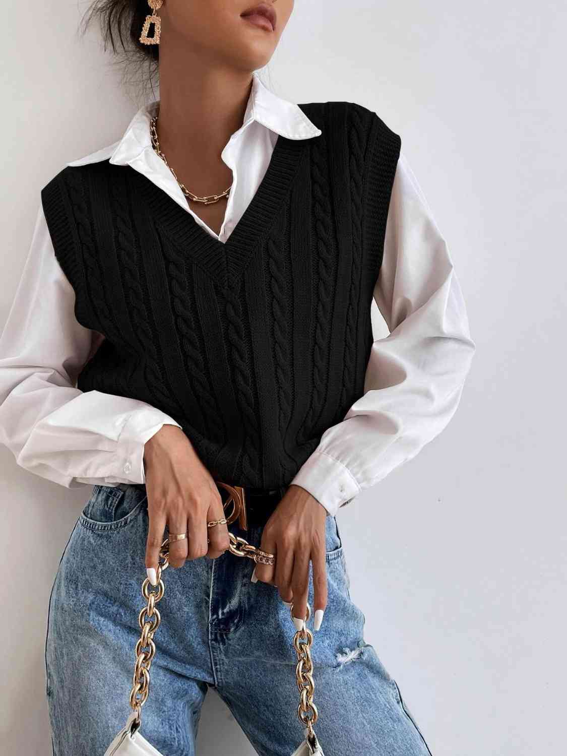 Gilet pull sans manches à col en V en tricot torsadé