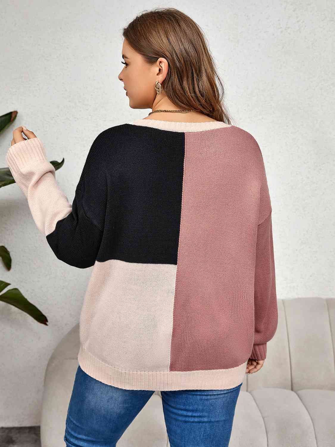 Pull à Manches Longues en Blocs de Couleurs de Grande Taille