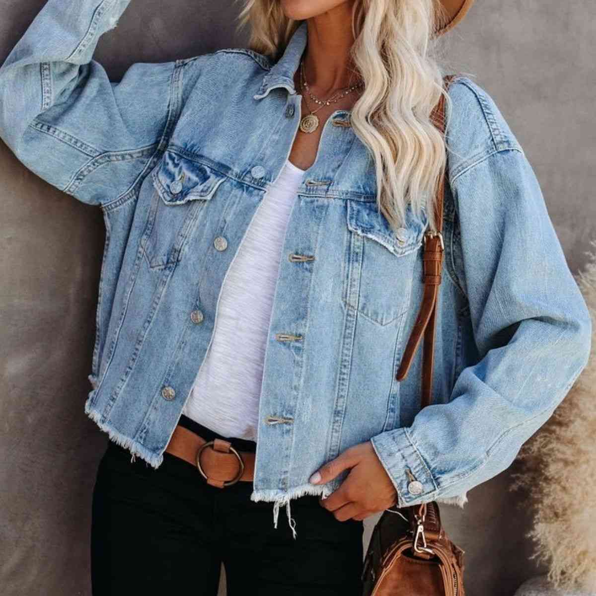 Dropped Shoulder Collared Neck Button-Down Denim Jacket