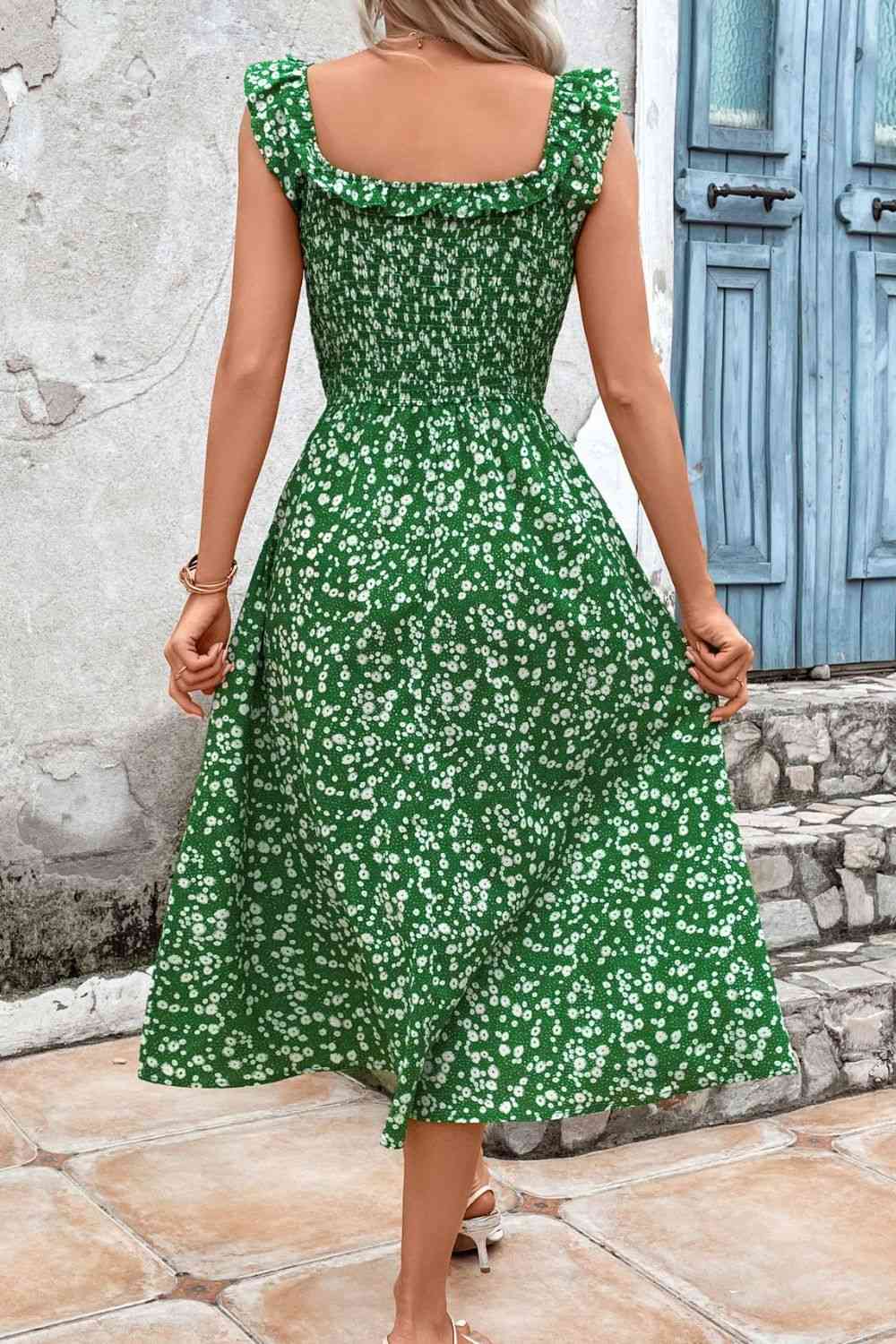 Robe midi imprimée à volants et col carré