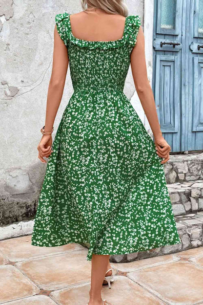 Robe midi imprimée à volants et col carré