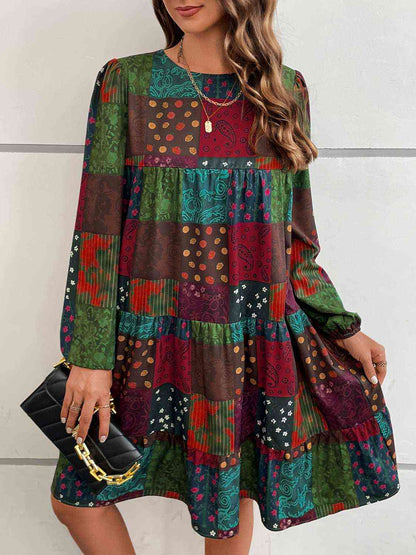 Patchwork Round Neck Long Sleeve Dress