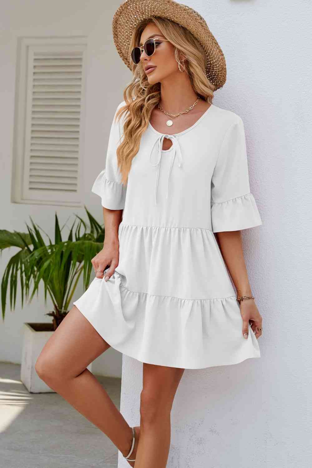 Tied Flounce Sleeve Mini Dress