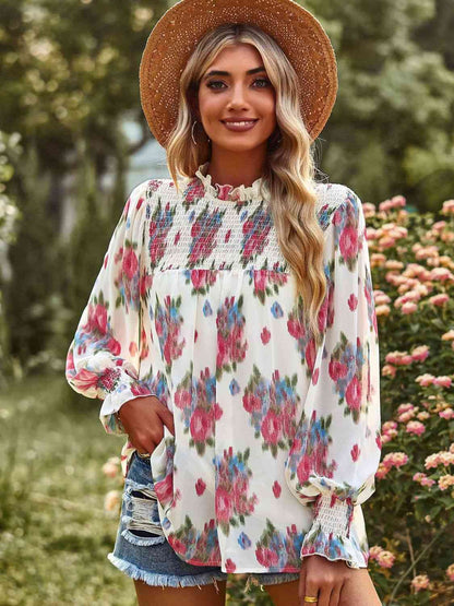 Floral Smocked Lantern Sleeve Blouse