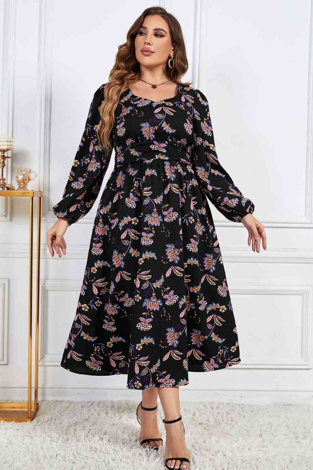 Melo Apparel Vestido midi de manga larga con estampado floral de talla grande