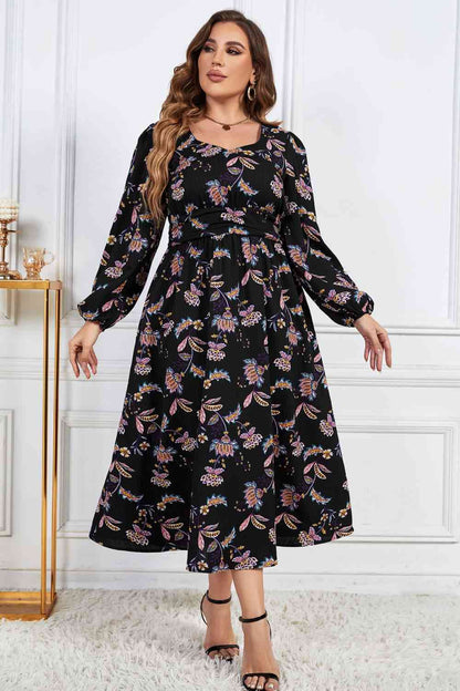 Melo Apparel Robe mi-longue à manches longues et imprimé floral de grande taille