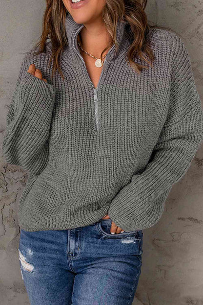 Woven Right Half Zip Rib-Knit Dropped Shoulder Sweater