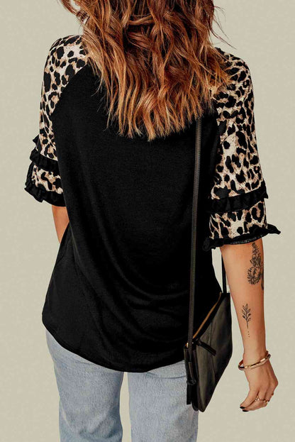 Leopard Contrast Ruffled Top