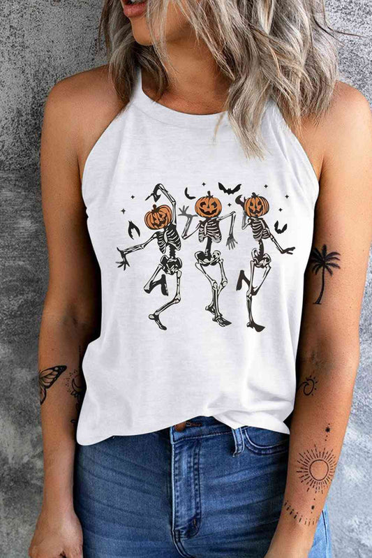 Camiseta sin mangas con estampado de esqueleto y cabeza de calabaza bailando con cuello redondo