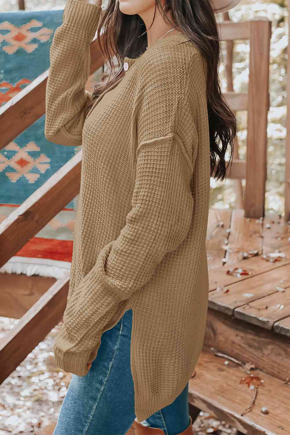 Waffle-Knit Dropped Shoulder Buttoned Sweater