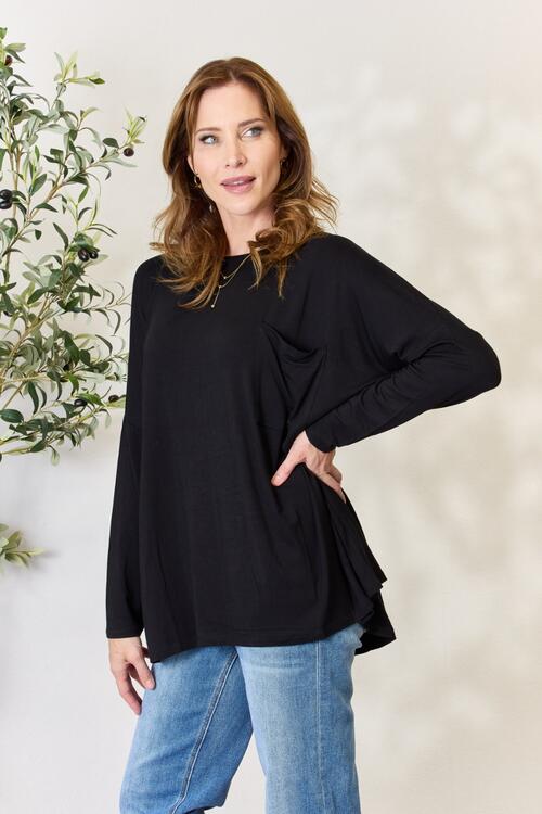 Zenana Full Size Round Neck Long Sleeve Top with Pocket