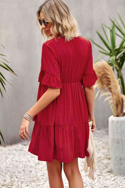 Tie Neck Buttoned Flounce Sleeve Dress