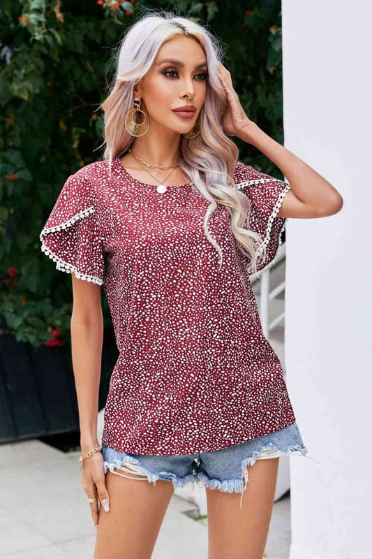 Printed Pom Pom Detail Petal Sleeve Blouse