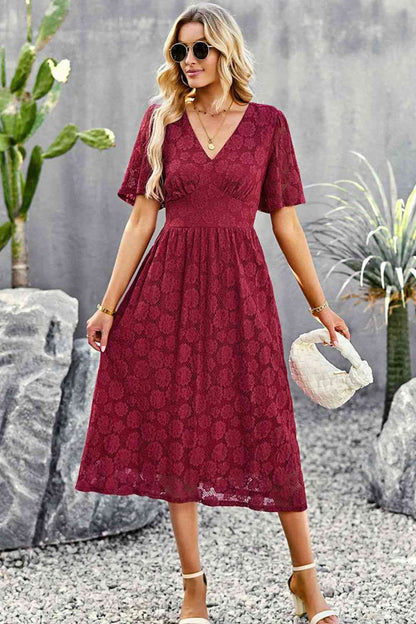 V-Neck Puff Sleeve Lace Midi Dress