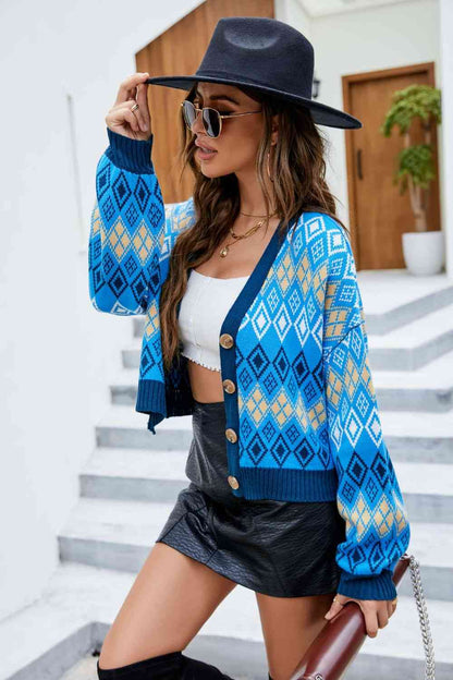 Argyle Button-Up Drop Shoulder Cardigan