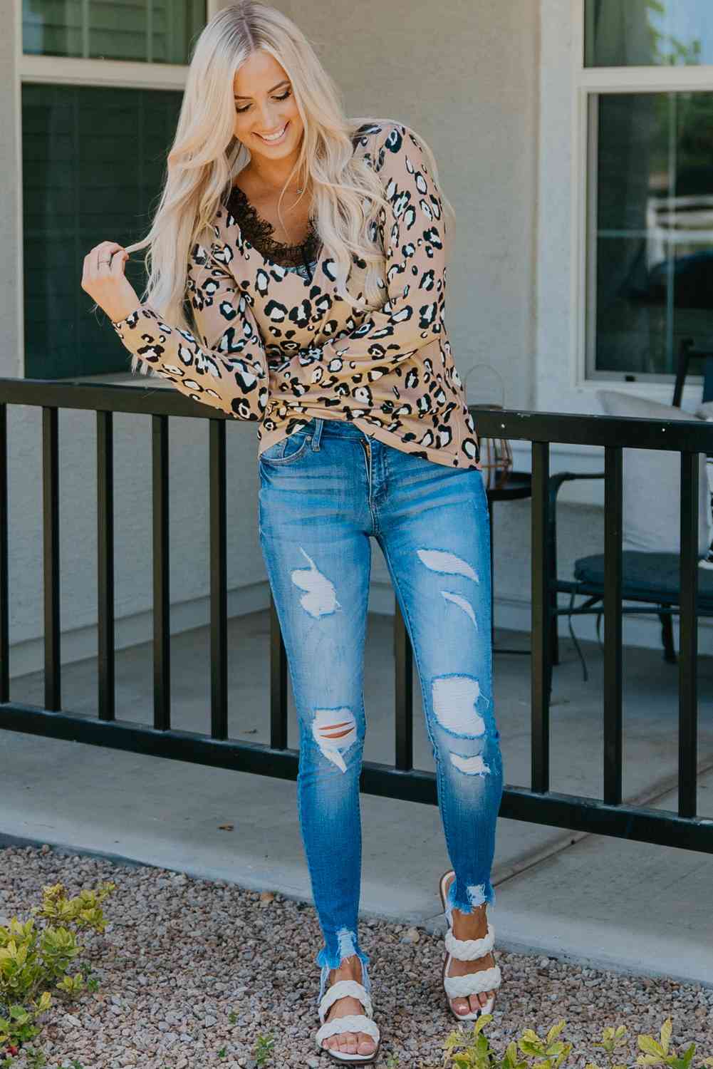 Leopard Print Lace Trim V-Neck Top