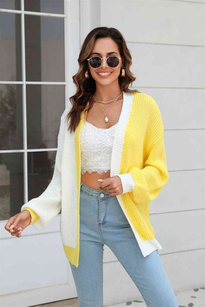 Open Front Contrast Color Balloon Sleeve Cardigan