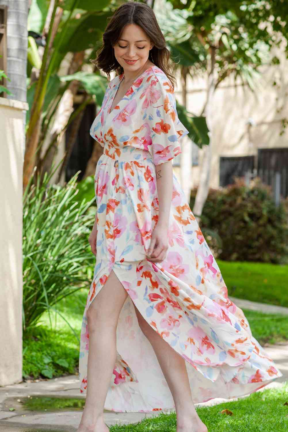 Floral Deep V Slit Maxi Dress