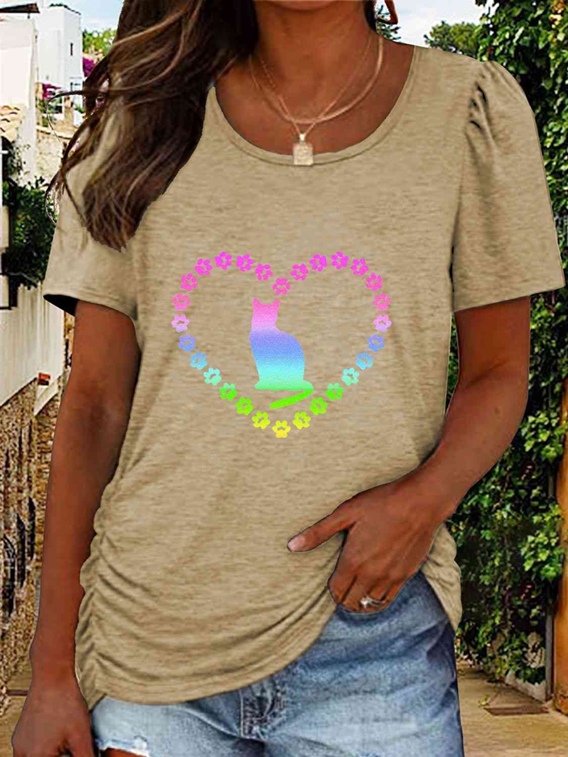 Full Size Cat Heart Graphic Short Sleeve T-Shirt