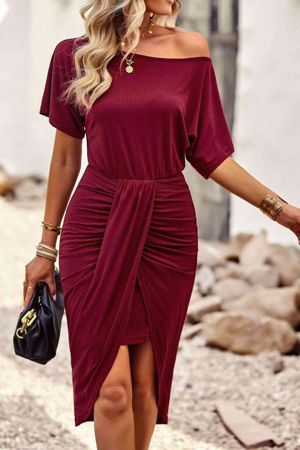 Ribbed Off-Shoulder Tulip Hem Dress