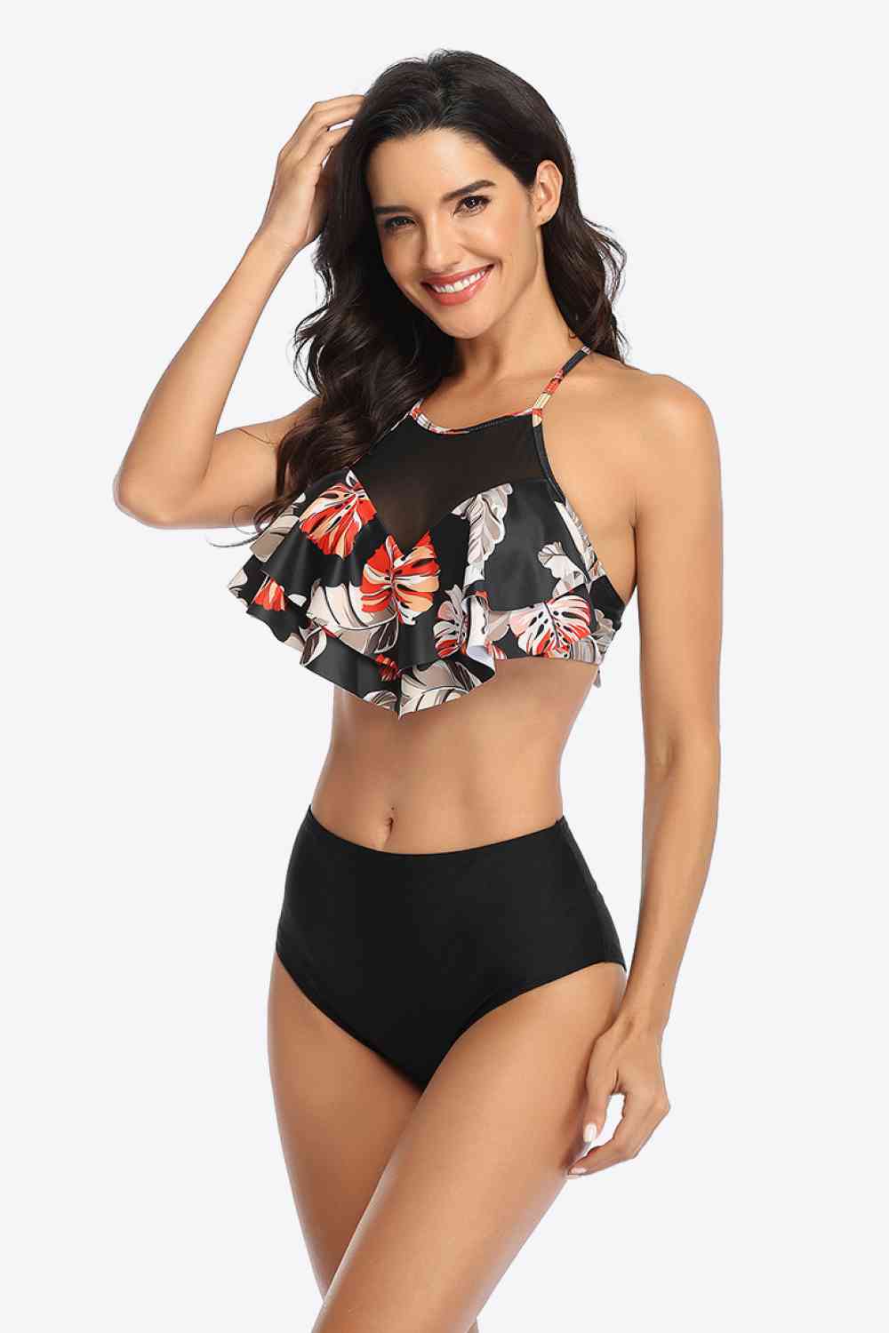 Traje de baño de dos piezas con volantes y estampado tropical