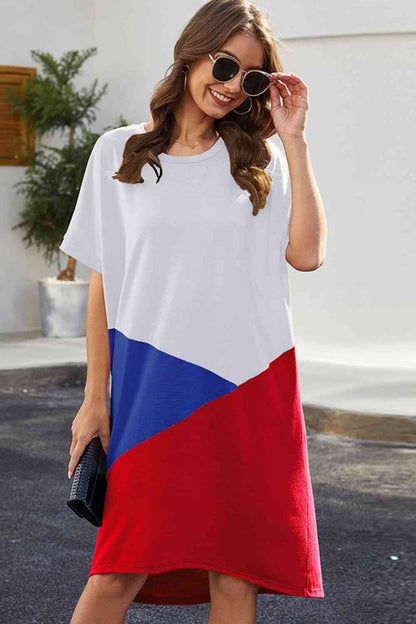 Color Block Round Neck Short Sleeve Dress