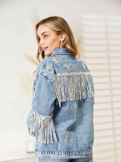 Veste en jean à manches longues et détails de franges