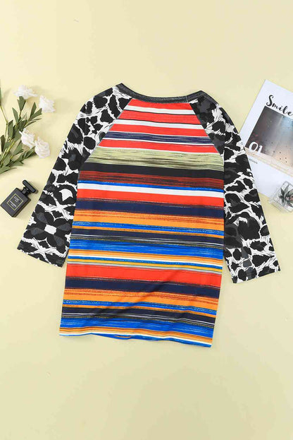 Mixed Print Cutout Three-Quarter Sleeve Top