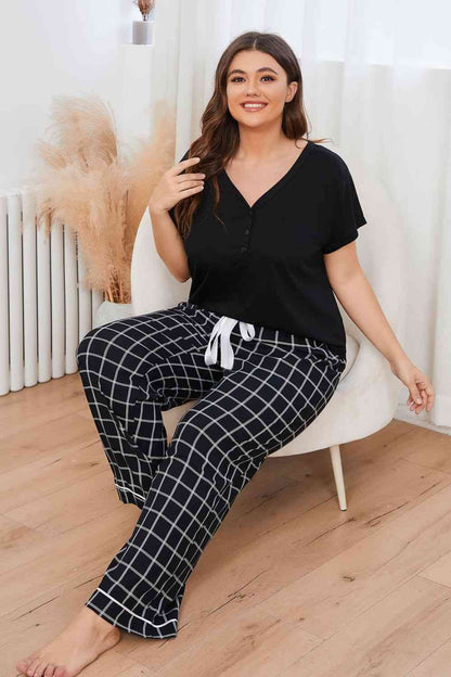 Conjunto de salón con pantalón a cuadros y top con cuello en V de talla grande