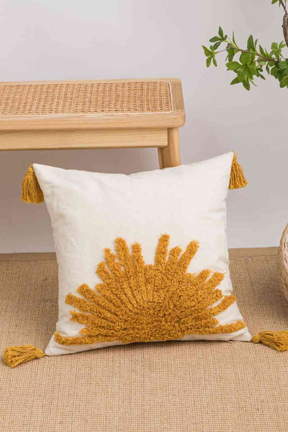 Funda de almohada decorativa con borla y gráfico de sol