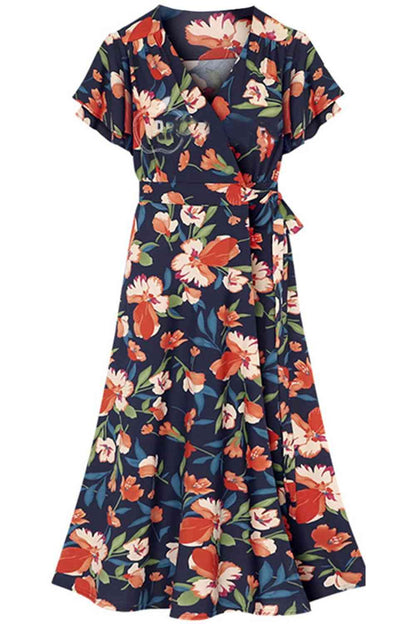 Robe Florale à Col Surplis et Manches Flutter de Grande Taille