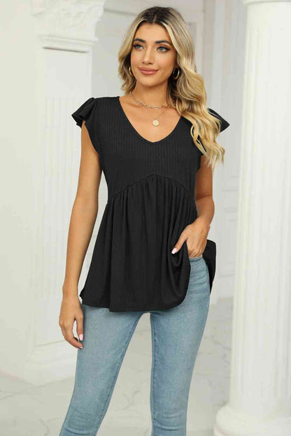 V-Neck Flutter Sleeve Babydoll Blouse