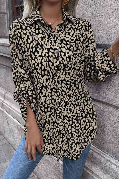 Double Take Leopard Roll-Tap Sleeve Shirt