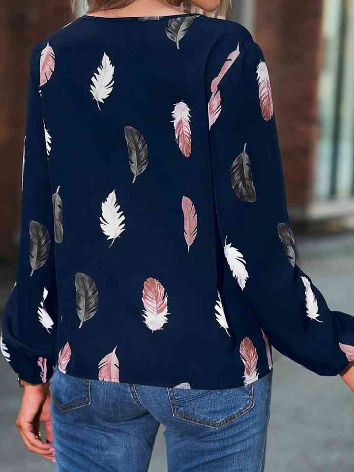 Printed Notched Neck Long Sleeve Blouse