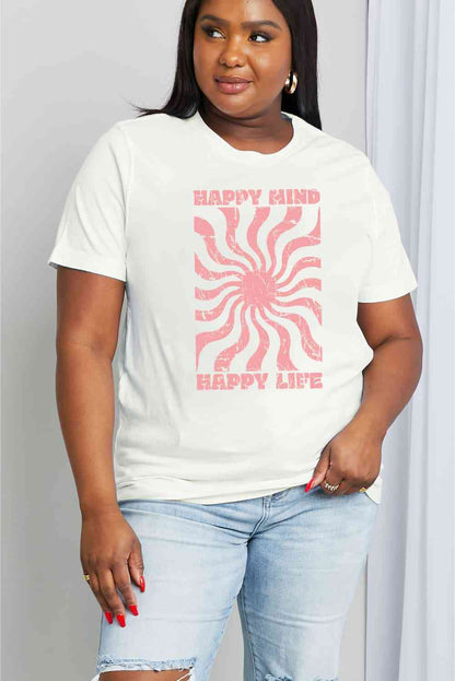 Camiseta de algodón con estampado HAPPY MIND HAPPY LIFE de tamaño completo de Simply Love