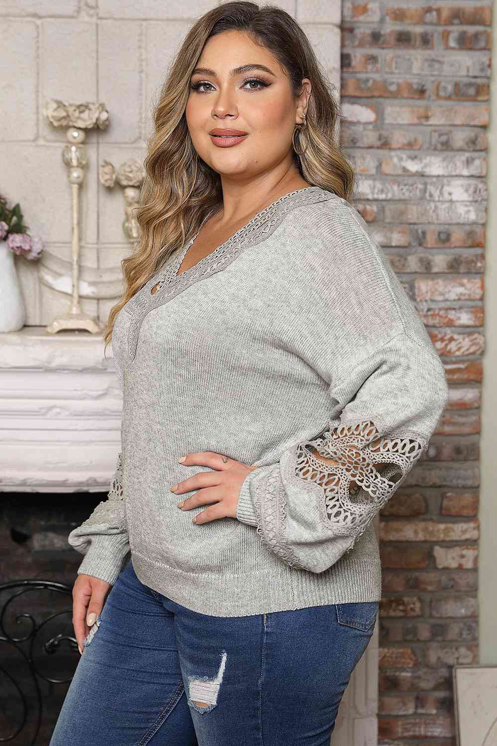 Plus Size Crochet Dropped Shoulder Long Sleeve Sweater