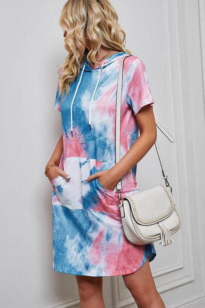 Tie-Dye Short Sleeve Hooded Dress