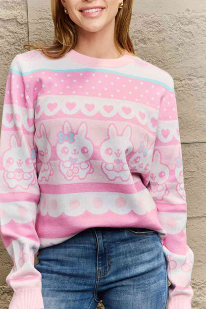 Pull tissé droit pleine taille à col rond avec motif lapin mignon