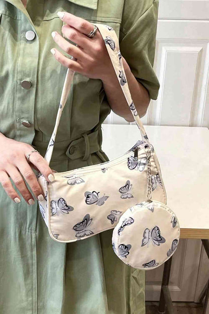 Bolso de hombro con estampado de mariposas y monedero