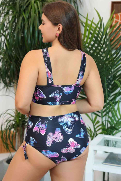 Conjunto de baño de dos piezas con cintura alta entrecruzada y estampado de mariposas de talla grande