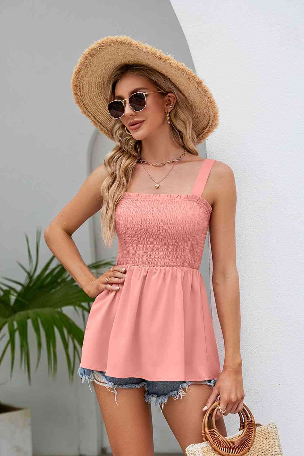 Camiseta sin mangas tipo babydoll con cuello cuadrado fruncido