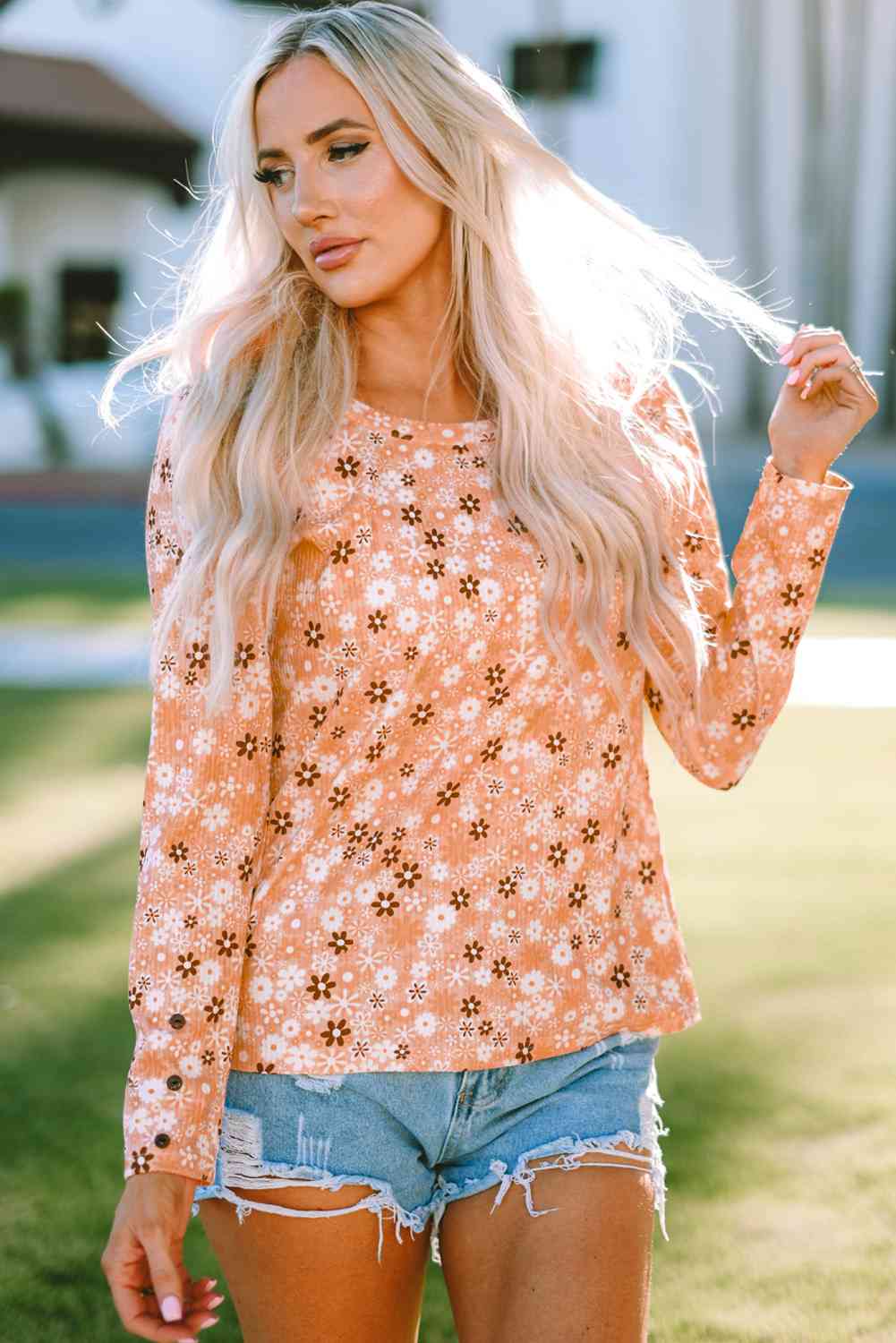 Floral Print Round Neck Long Sleeve Tee