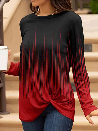 Contrast Twisted Round Neck Long Sleeve T-Shirt