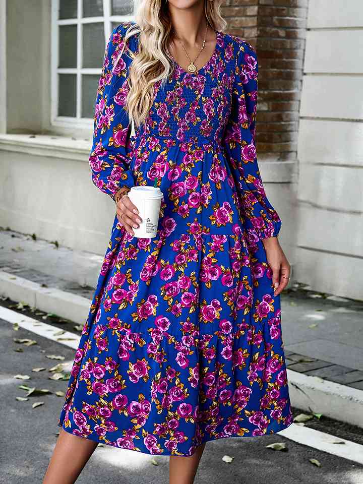 Robe midi smockée à imprimé floral