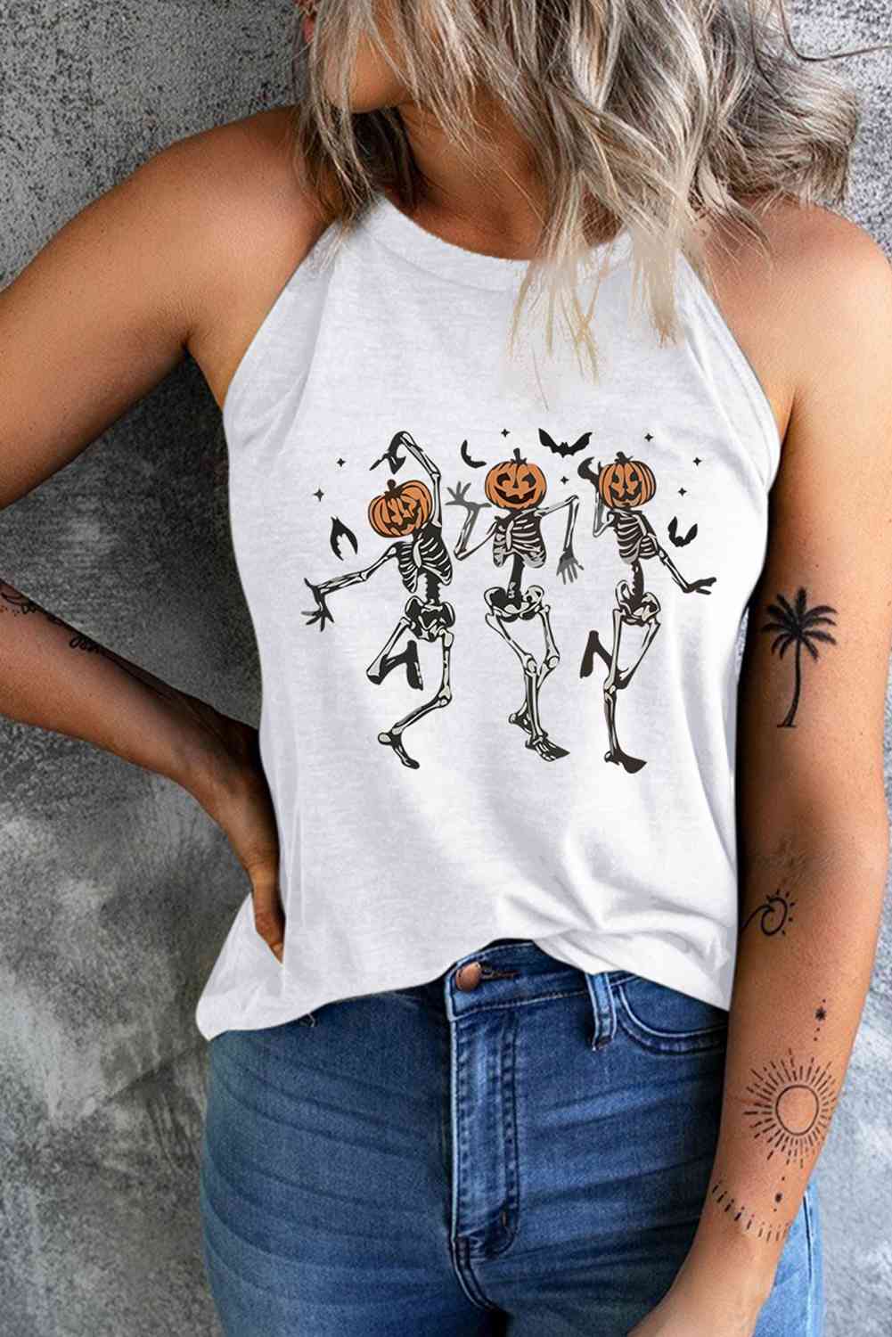 Camiseta sin mangas con estampado de esqueleto y cabeza de calabaza bailando con cuello redondo