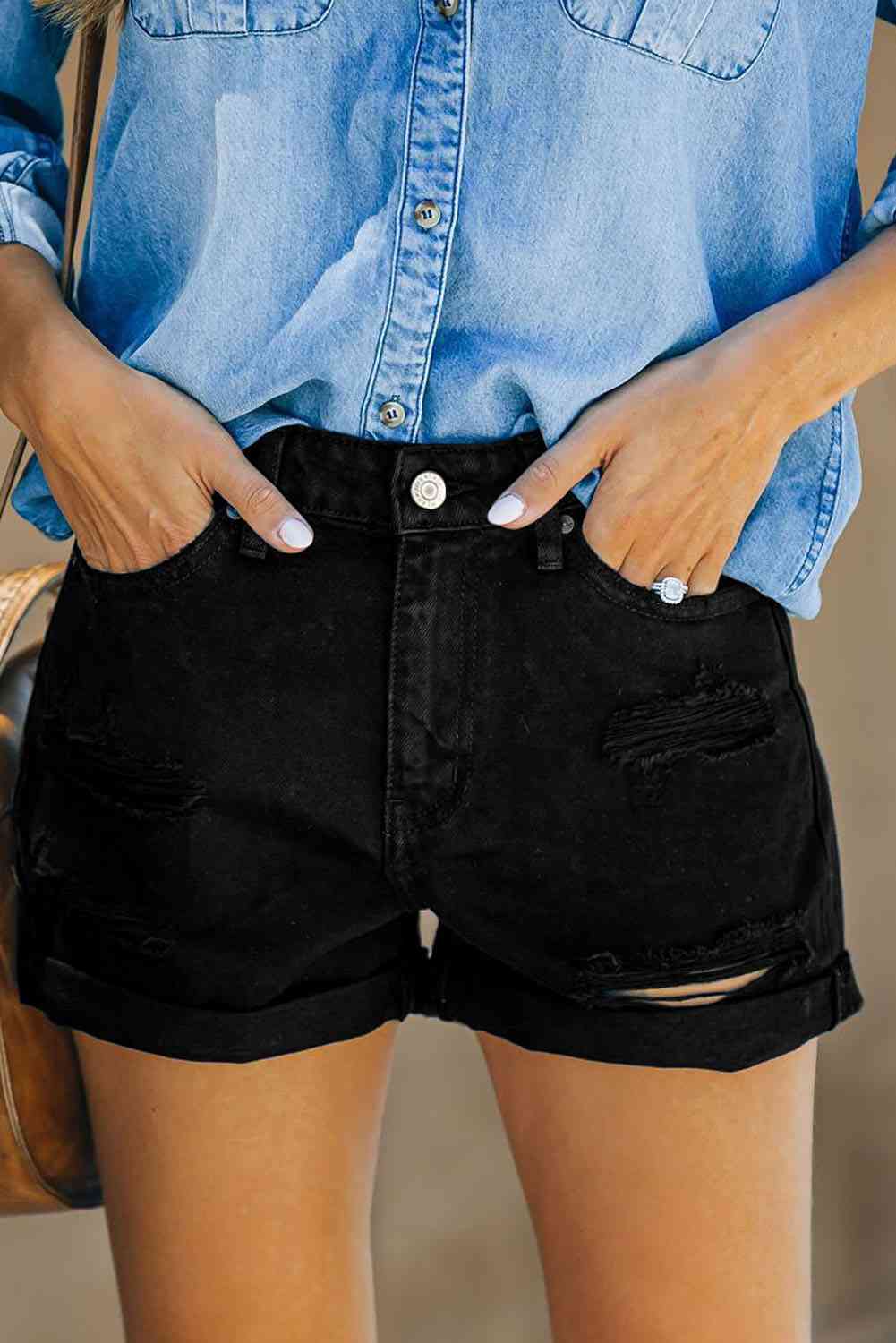 Distressed Cuffed Denim Shorts