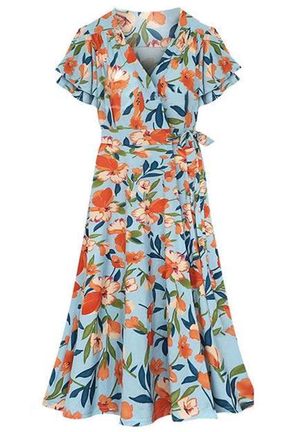 Robe Florale à Col Surplis et Manches Flutter de Grande Taille