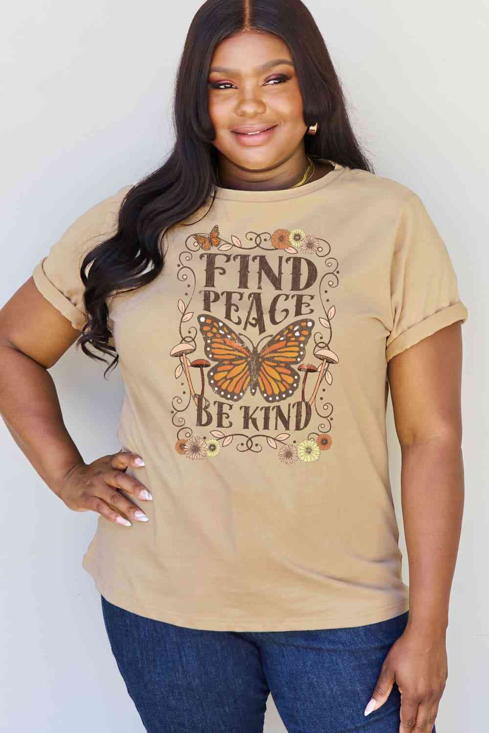 Camiseta de algodón con estampado de talla grande FIND PEACE BE KIND de Simply Love