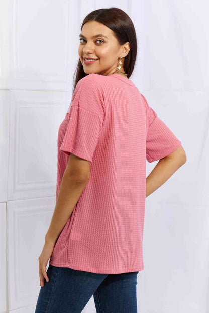 Heimish Made For You Full Size 1/4 Button Down Waffle Top in Coral